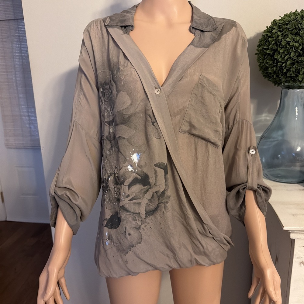 Tempo Paris Women's S Oversized Silk And Cotton Beige Blouse Top Workwear City